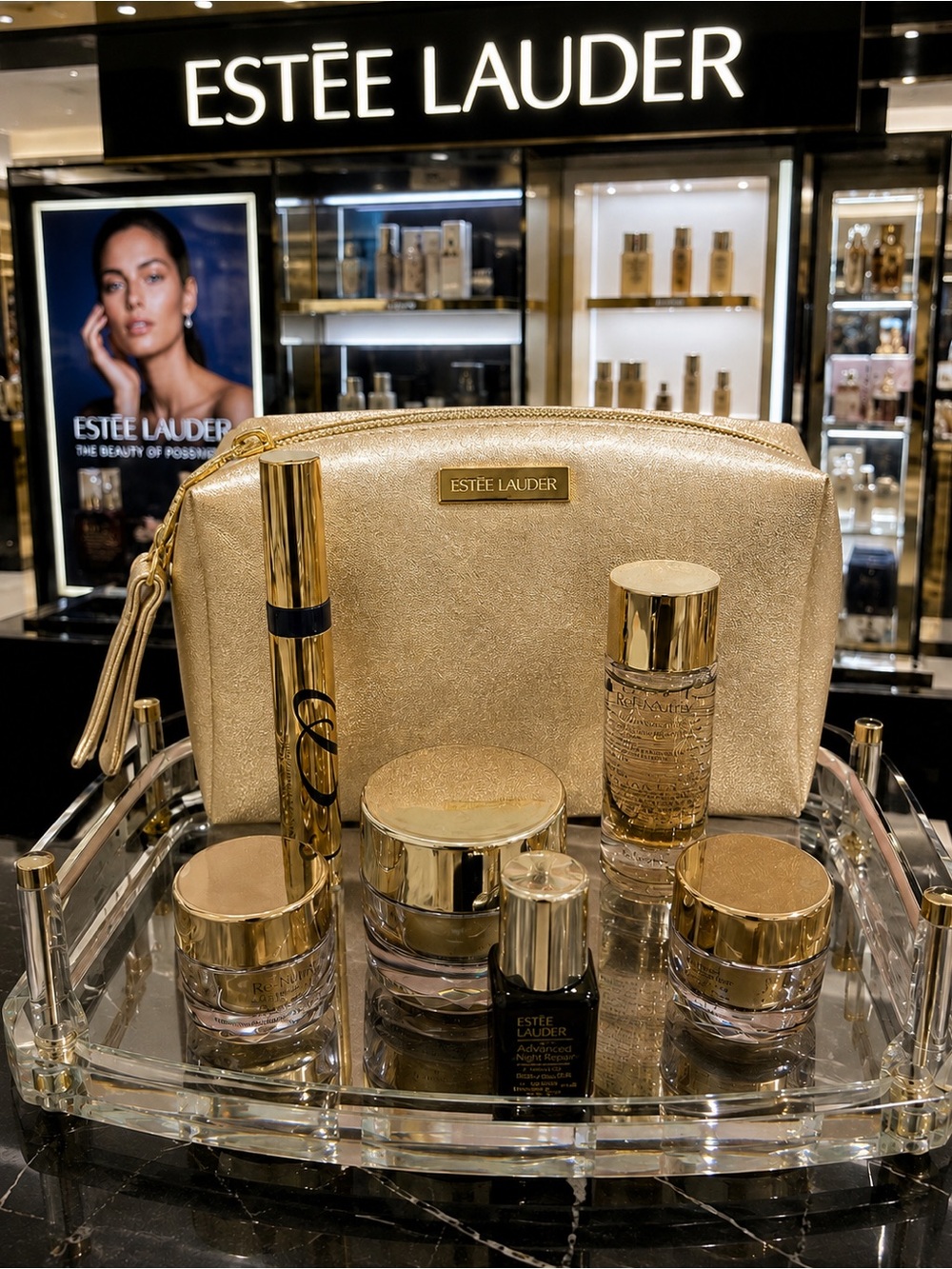 Estée Lauder Gold Skincare 6 piece Set with Shimmer Cosmetic Pouch